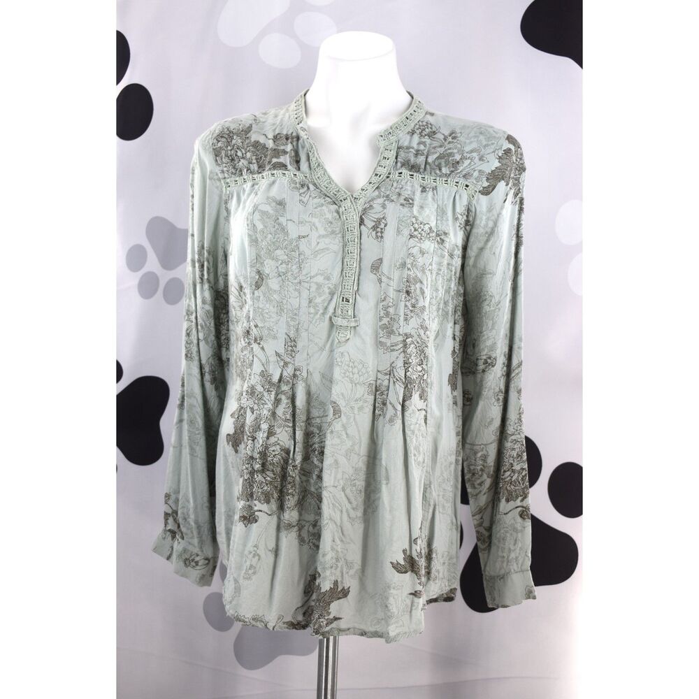 Vintage America Blues Oak Floral Print Faux Button V Neck Boho Blouse Blue Med